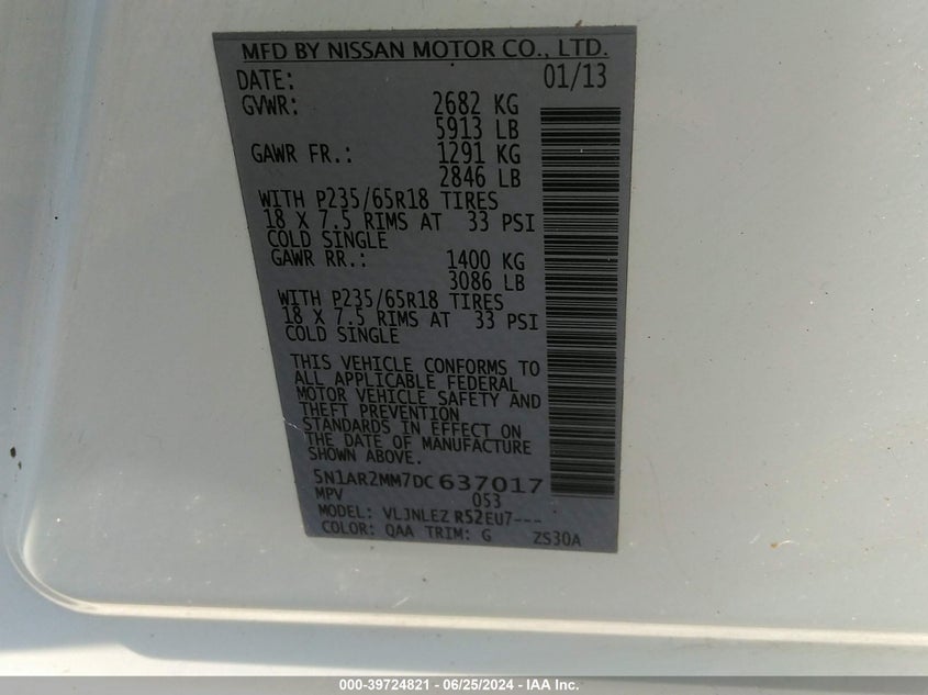 2013 Nissan Pathfinder Sv VIN: 5N1AR2MM7DC637017 Lot: 39724821