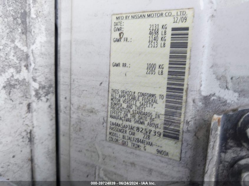 2010 Nissan Maxima 3.5 Sv VIN: 1N4AA5AP3AC825739 Lot: 39724839