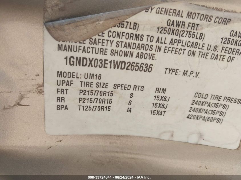 1998 Chevrolet Venture VIN: 1GNDX03E1WD265636 Lot: 39724841