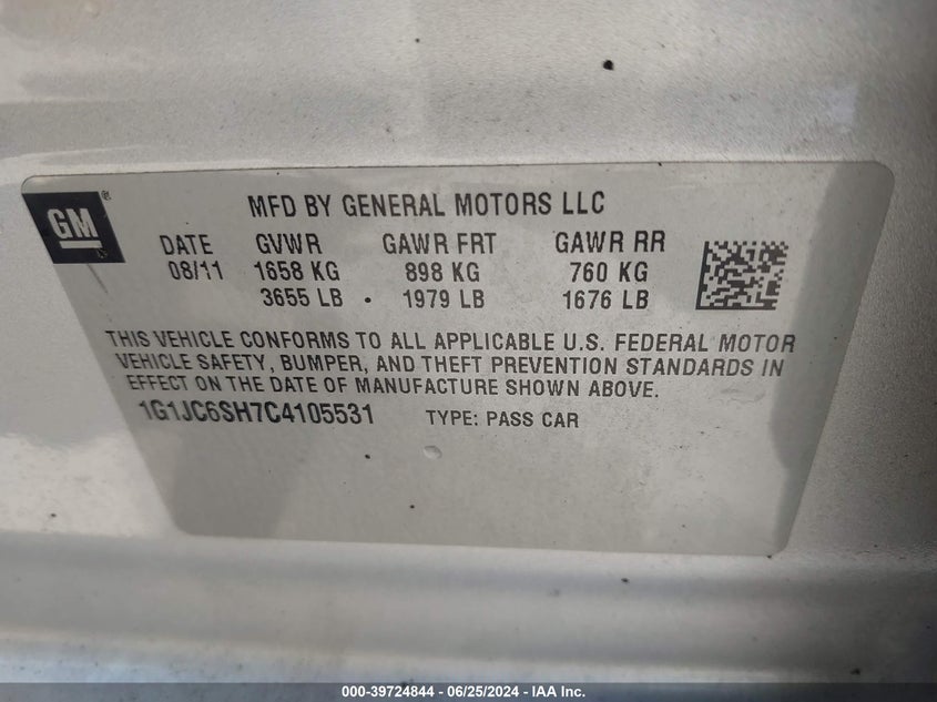 2012 Chevrolet Sonic 2Lt VIN: 1G1JC6SH7C4105531 Lot: 39724844