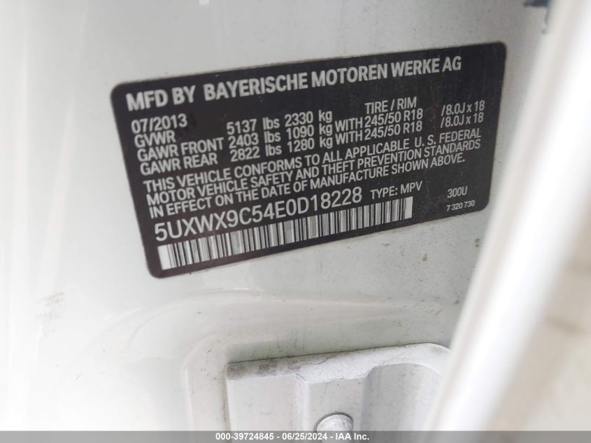 2014 BMW X3 xDrive28I VIN: 5UXWX9C54E0D18228 Lot: 39724845