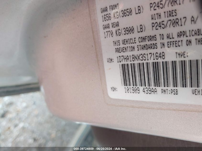 2003 Dodge Ram 1500 Slt/Laramie/St VIN: 1D7HA18NX3S171648 Lot: 39724859