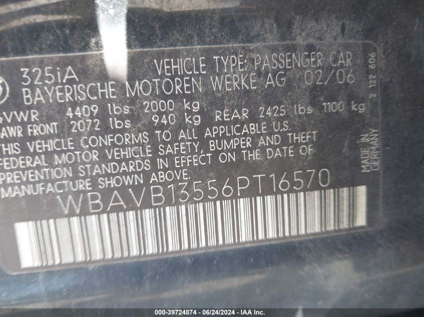 2006 BMW 325I VIN: WBAVB13556PT16570 Lot: 39724874