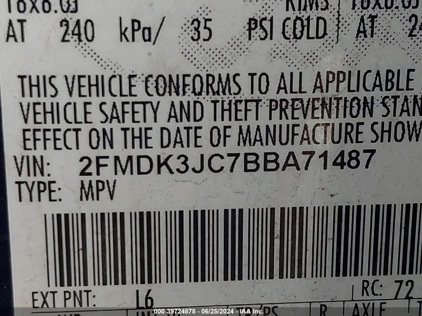 2011 Ford Edge Sel VIN: 2FMDK3JC7BBA71487 Lot: 39724878