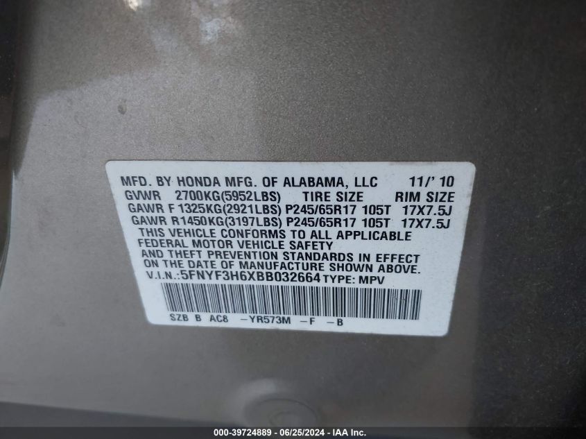 2011 Honda Pilot Ex-L VIN: 5FNYF3H6XBB032664 Lot: 39724889