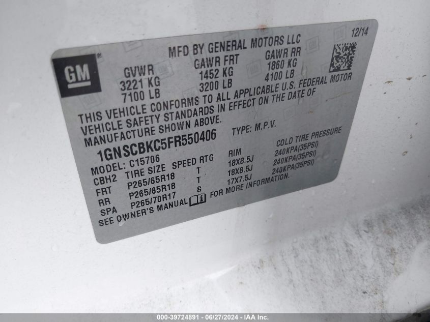 2015 Chevrolet Tahoe Lt VIN: 1GNSCBKC5FR550406 Lot: 39724891