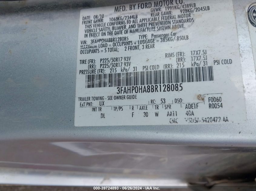 2011 Ford Fusion Se VIN: 3FAHP0HA8BR128085 Lot: 39724893