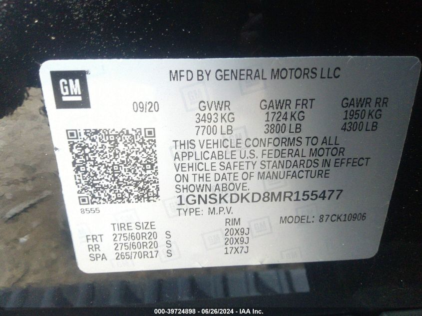 2021 CHEVROLET SUBURBAN K1500 Z71 - 1GNSKDKD8MR155477