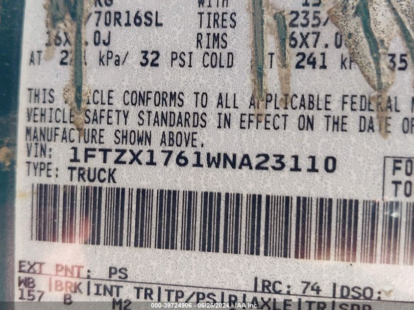 1998 Ford F-150 Lariat/Standard/Xl/Xlt VIN: 1FTZX1761WNA23110 Lot: 39724906