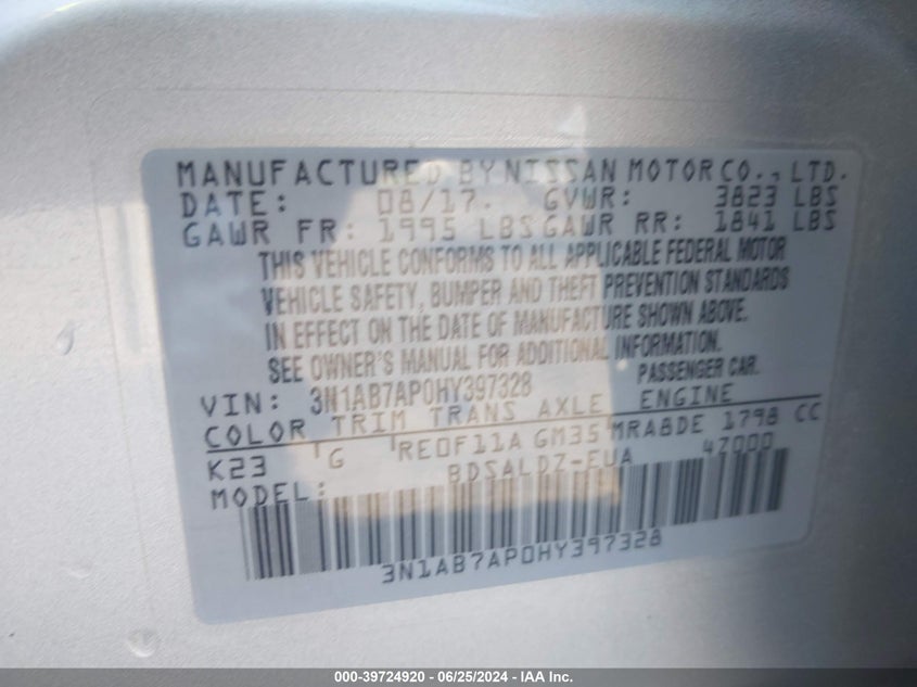 2017 Nissan Sentra Sv VIN: 3N1AB7AP0HY397328 Lot: 39724920