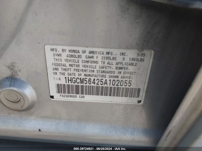 2005 Honda Accord 2.4 Lx VIN: 1HGCM56425A102055 Lot: 39724921