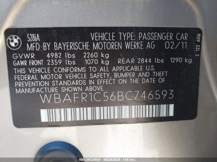 2011 BMW 528I VIN: WBAFR1C56BC746593 Lot: 39724930