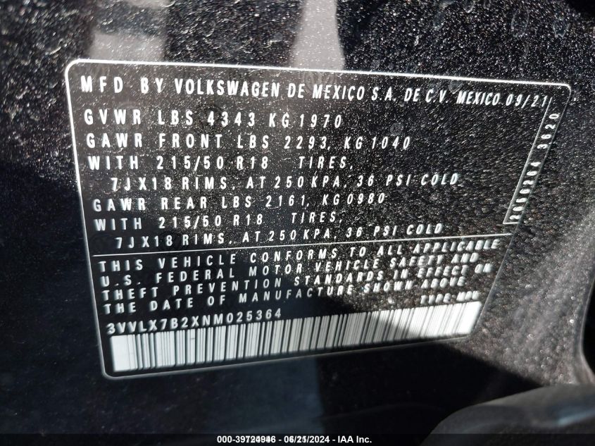 2022 Volkswagen Taos 1.5T Se VIN: 3VVLX7B2XNM025364 Lot: 39724946