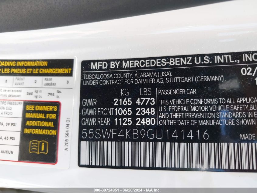 2016 Mercedes-Benz C 300 4Matic/Luxury 4Matic/Sport 4Matic VIN: 55SWF4KB9GU141416 Lot: 39724951