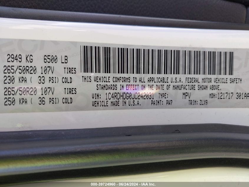 2018 Dodge Durango Gt Rwd VIN: 1C4RDHDG0JC242031 Lot: 39724960