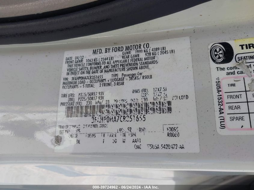 2012 Ford Fusion Se VIN: 3FAHP0HA7CR351655 Lot: 39724962