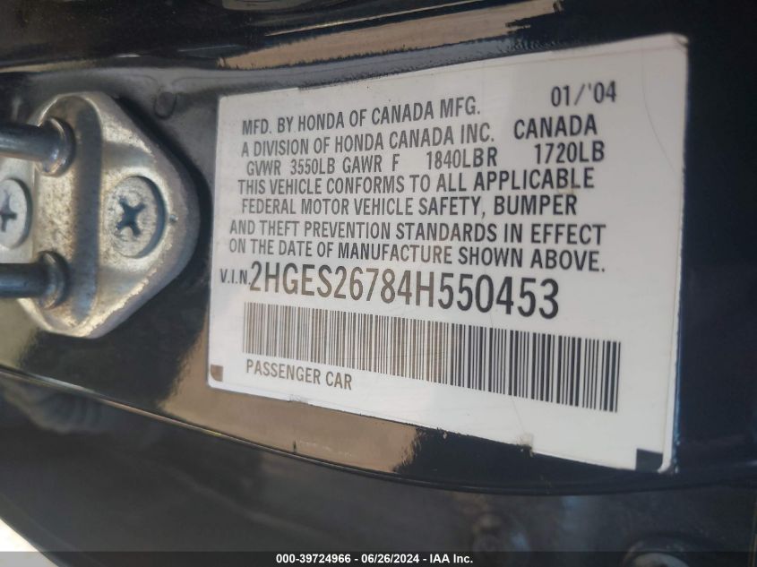 2004 Honda Civic Ex VIN: 2HGES26784H550453 Lot: 39724966