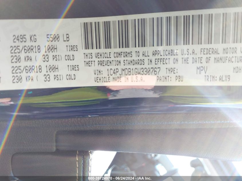 2016 Jeep Cherokee Limited VIN: 1C4PJMDB1GW330767 Lot: 39724970