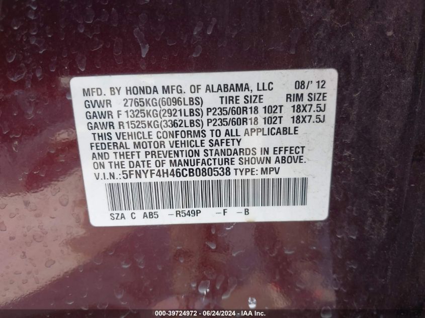 2012 Honda Pilot Ex VIN: 5FNYF4H46CB080538 Lot: 39724972