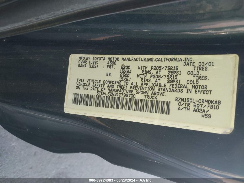 2001 Toyota Tacoma VIN: 5TEVL52N31Z799700 Lot: 39724983