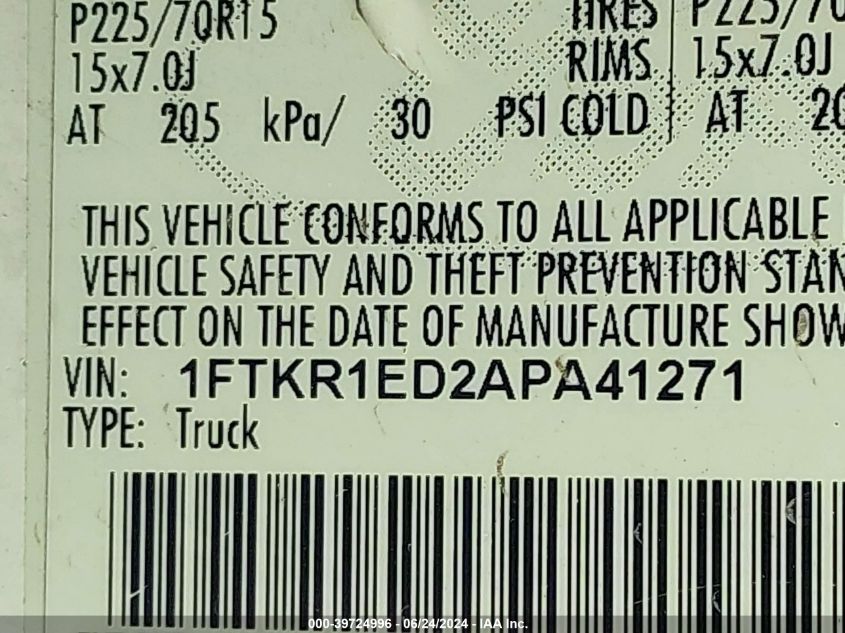 2010 Ford Ranger Xl/Xlt VIN: 1FTKR1ED2APA41271 Lot: 39724996