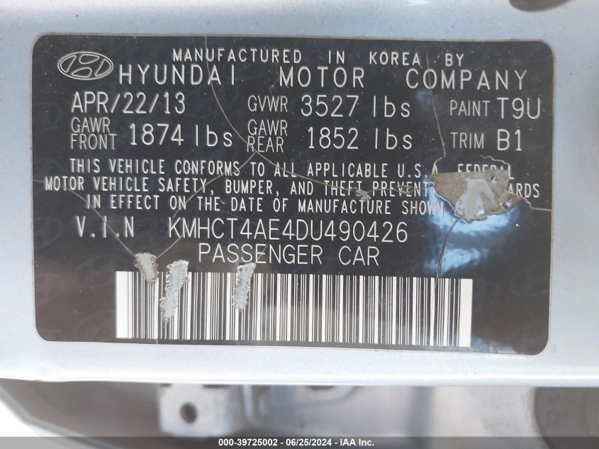 2013 Hyundai Accent Gls/Gs VIN: KMHCT4AE4DU490426 Lot: 39725002
