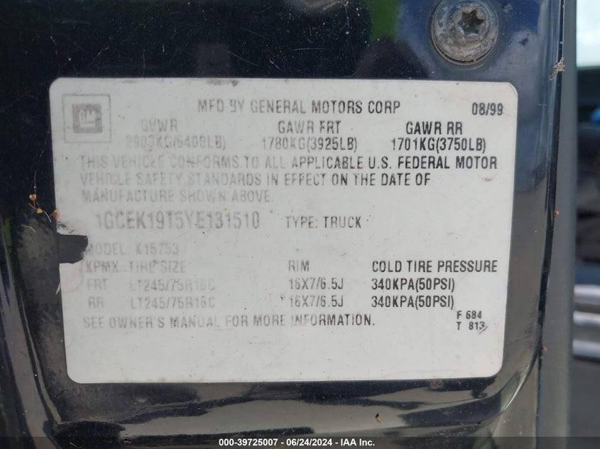 2000 Chevrolet Silverado 1500 Ls VIN: 1GCEK19T5YE131510 Lot: 39725007