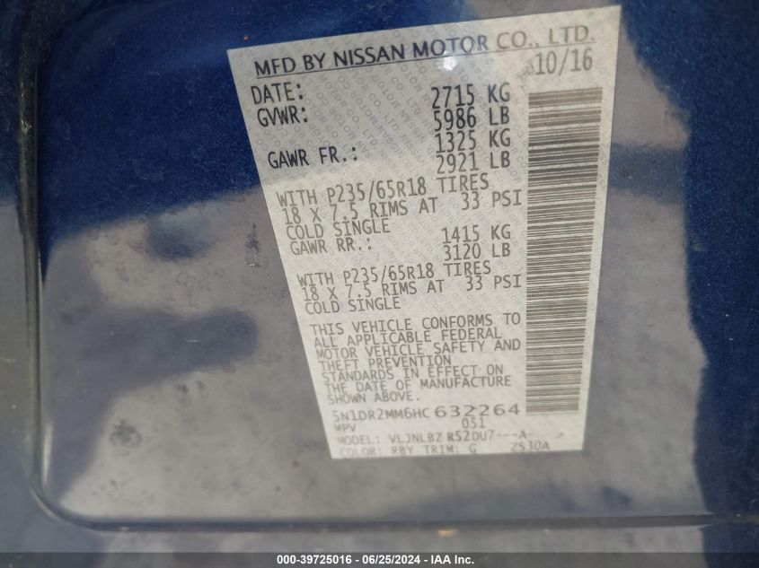 2017 Nissan Pathfinder S VIN: 5N1DR2MM6HC632264 Lot: 39725016