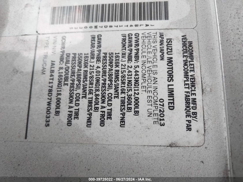 2013 Isuzu Commercial Van VIN: JALB4T178D7W00335 Lot: 39725022