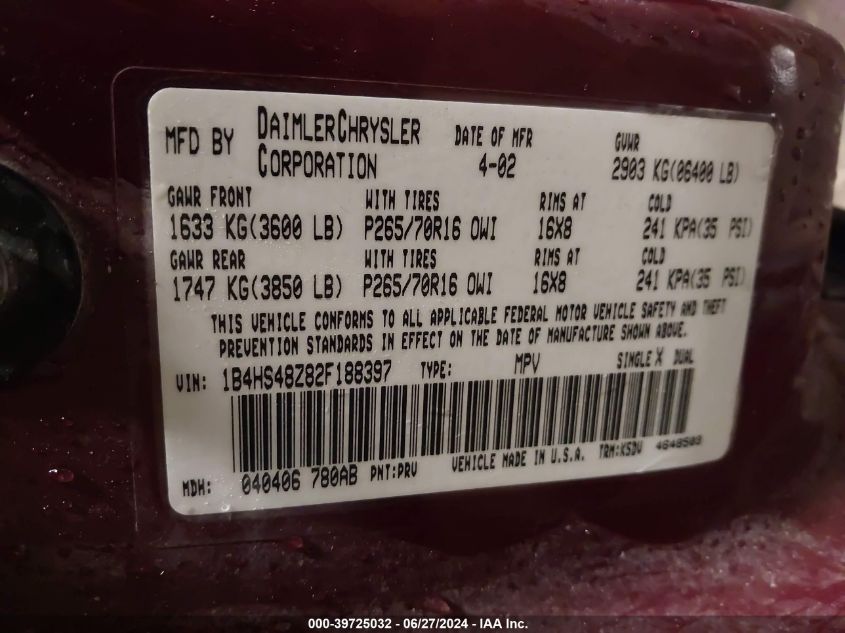 2002 Dodge Durango Slt VIN: 1B4HS48Z82F188397 Lot: 39725032