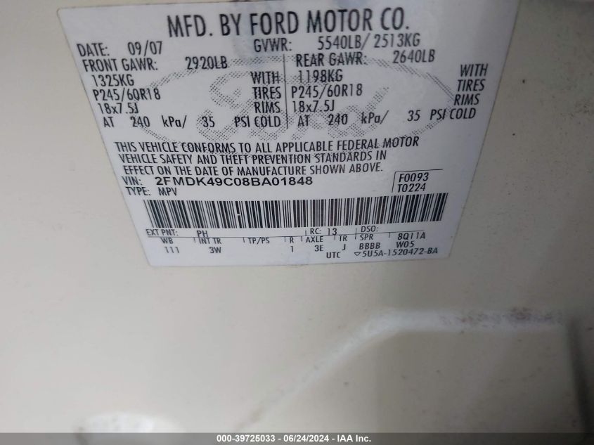 2008 Ford Edge Limited VIN: 2FMDK49C08BA01848 Lot: 39725033