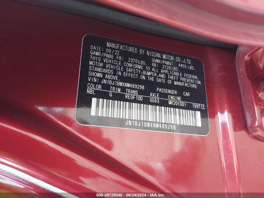 2022 Nissan Rogue Sport Sv Awd Xtronic Cvt VIN: JN1BJ1BWXNW489298 Lot: 39725040