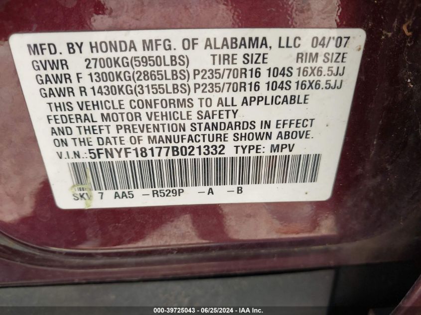 2007 Honda Pilot Lx VIN: 5FNYF18177B021332 Lot: 39725043