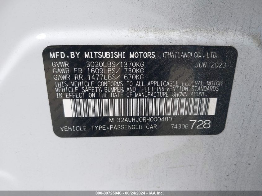 2024 Mitsubishi Mirage Es/Le VIN: ML32AUHJ0RH000480 Lot: 39725046