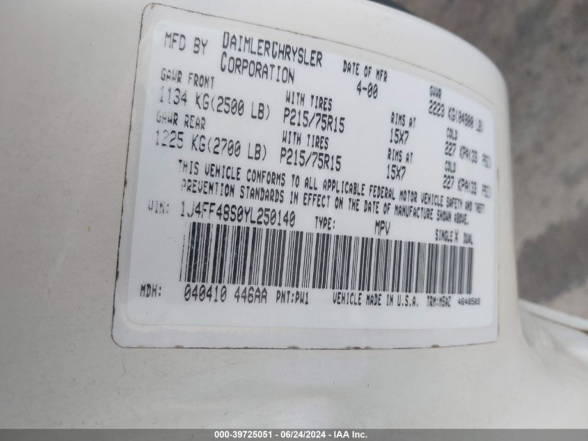 2000 Jeep Cherokee Sport VIN: 1J4FF48S0YL250140 Lot: 39725051