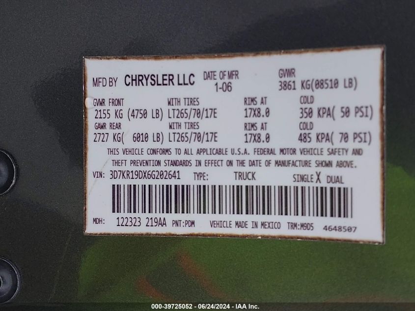 2006 Dodge Ram 1500 Slt VIN: 3D7KR19DX6G202641 Lot: 39725052