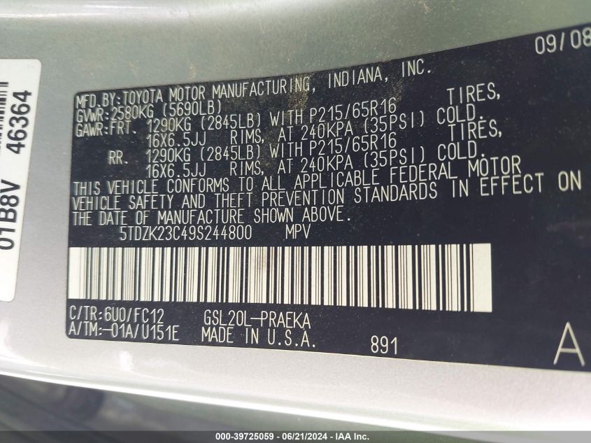 2009 Toyota Sienna Le VIN: 5TDZK23C49S244800 Lot: 39725059