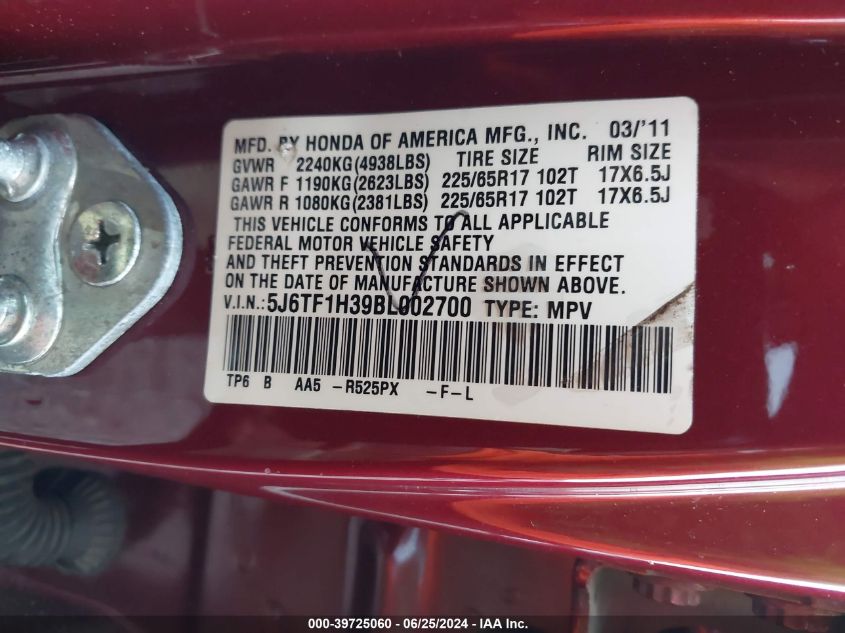 2011 Honda Accord Crosstour Ex VIN: 5J6TF1H39BL002700 Lot: 39725060