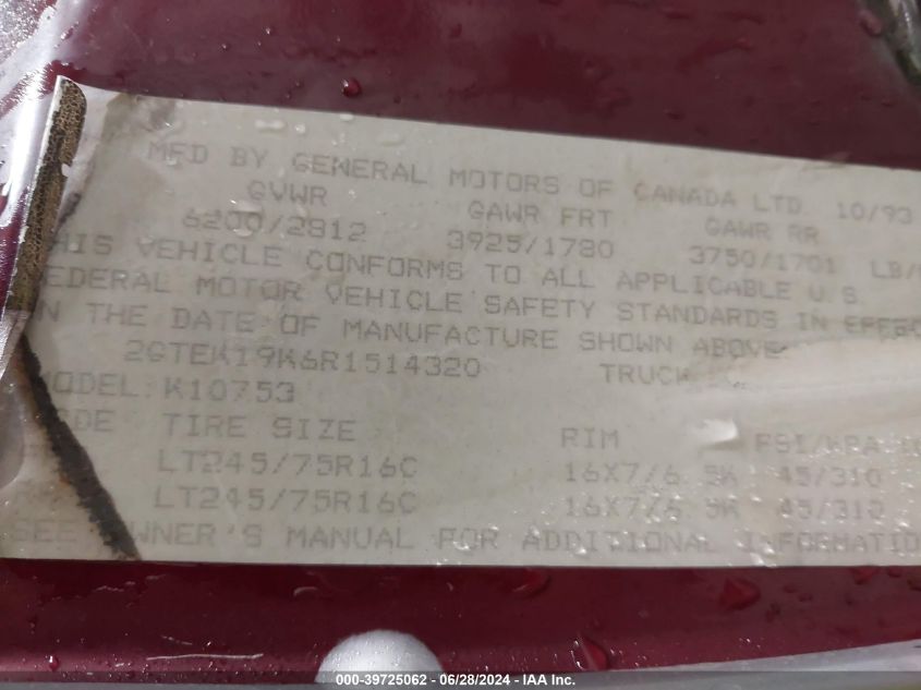 1994 GMC Sierra K1500 VIN: 2GTEK19K6R1514320 Lot: 39725062