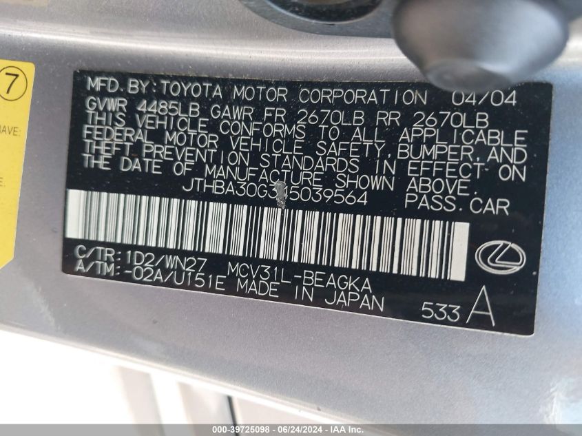 2004 Lexus Es 330 VIN: JTHBA30G345039564 Lot: 39725098