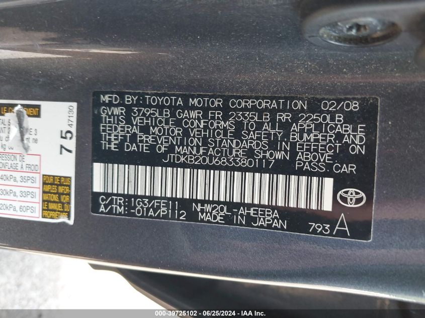 2008 Toyota Prius VIN: JTDKB20U683380117 Lot: 39725102