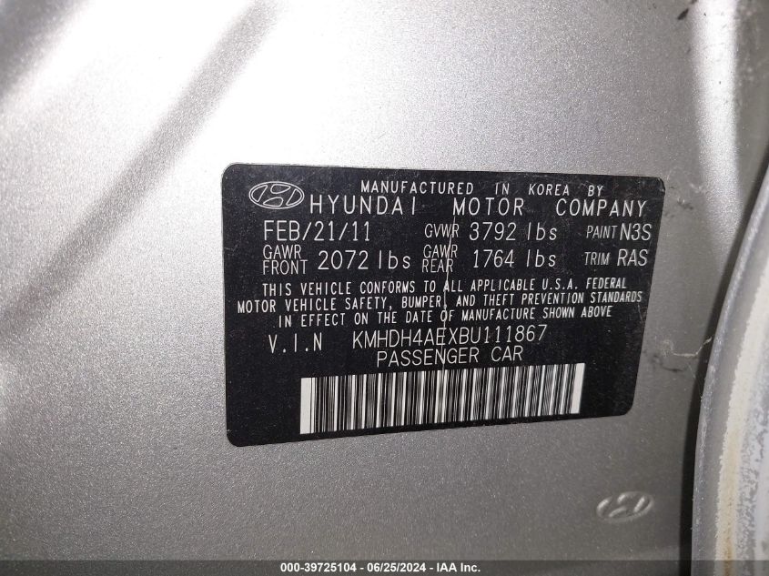 KMHDH4AEXBU111867 2011 Hyundai Elantra Gls (Ulsan Plant)