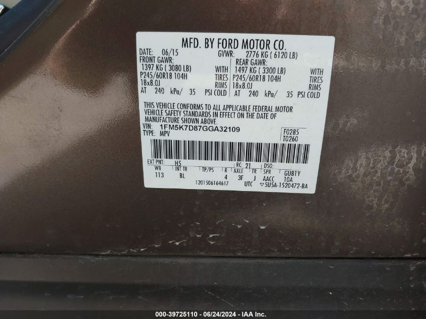 2016 Ford Explorer Xlt VIN: 1FM5K7D87GGA32109 Lot: 39725110