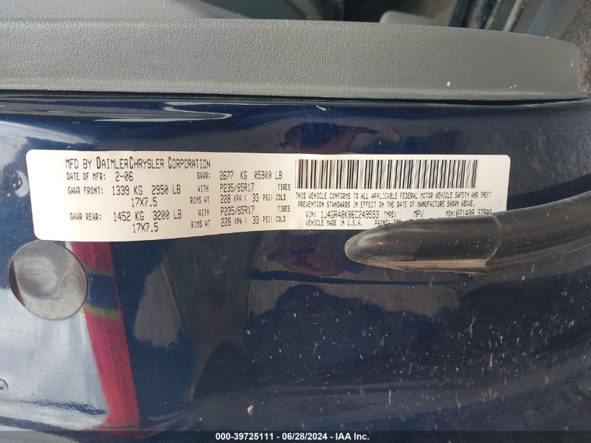2006 Jeep Grand Cherokee Laredo VIN: 1J4GR48K86C249553 Lot: 39725111