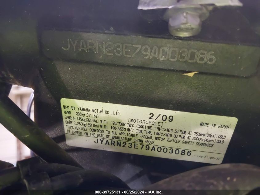 2009 Yamaha Yzfr1 VIN: JYARN23E79A003086 Lot: 39725131