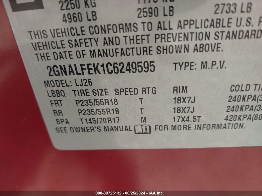 2012 Chevrolet Equinox Ltz VIN: 2GNALFEK1C6249595 Lot: 39725132