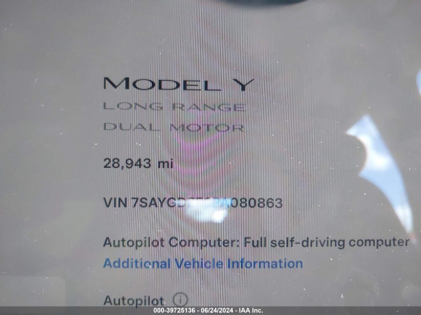 2023 Tesla Model Y Awd/Long Range Dual Motor All-Wheel Drive VIN: 7SAYGDEE6PA080863 Lot: 39725136