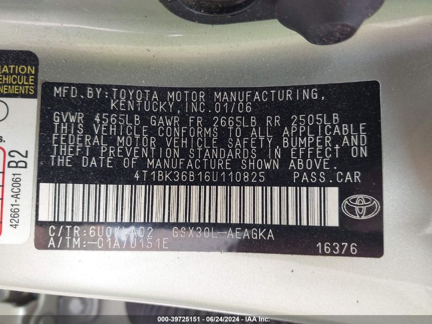 2006 Toyota Avalon Xls VIN: 4T1BK36B16U110825 Lot: 39725151