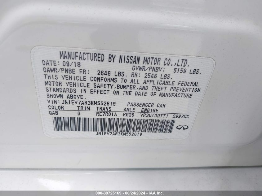 2019 Infiniti Q50 3.0T Luxe VIN: JN1EV7AR3KM552619 Lot: 39725169