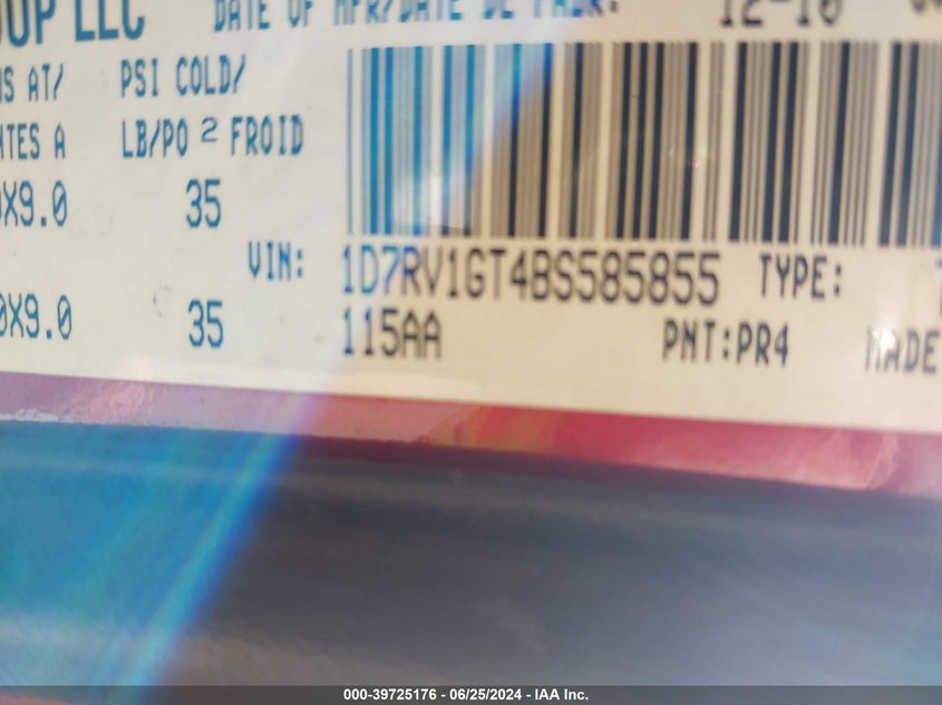 2011 Ram Ram 1500 VIN: 1D7RV1GT4BS585855 Lot: 39725176